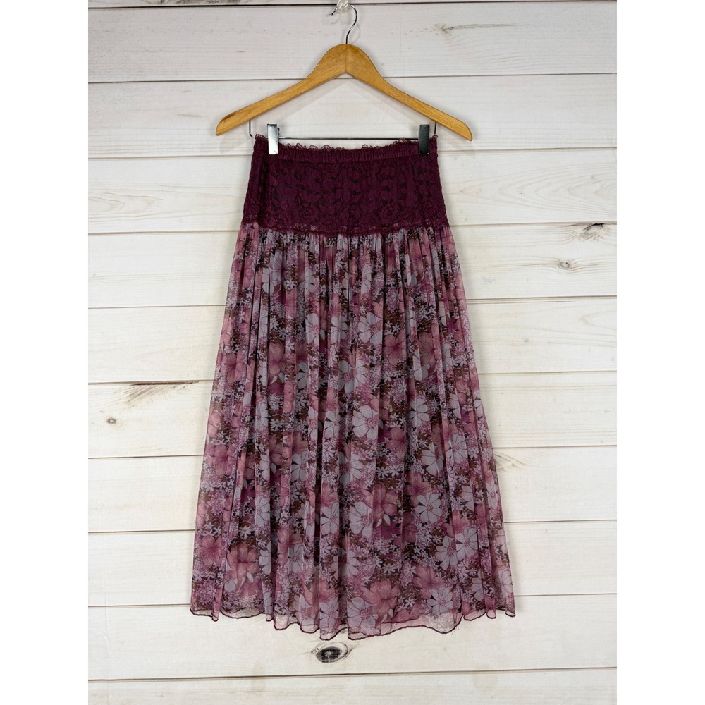 Kikaili Skirt Small Plum Floral Chiffon Lace Waist Purple Lined Boho Romantic